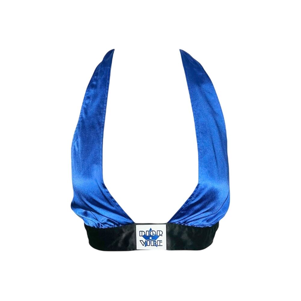 Christian Dior 2022 Blue & Black Dior Vibe Satin Halter Tie Crop Tank Bikini Top
